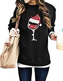 SUPEYA Women Red Wine Glass Christmas Sweatshirt Funny Christmas Pullover Xmas Santa Hat Graphic...