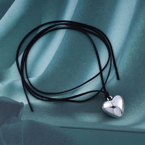 Aneneiceera Vintage Geschichtet Leder Herz Choker Halskette Schwarzer Samt Silber Puffy Herz Anhänger Halskette Lange Wildleder Binden Bis Choker Schmuck Für Frauen Mädchen