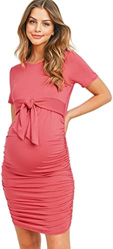 LaClef Maternity Short Sleeve Bodycon Dress with Tie Front, Side Ruched (Dark Rose,Large)