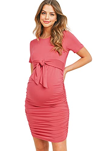Laclef Maternity Short Sleeve Bodycon Dress With Tie Front, Side Ruched (Dark Rose,Large) #TOP16