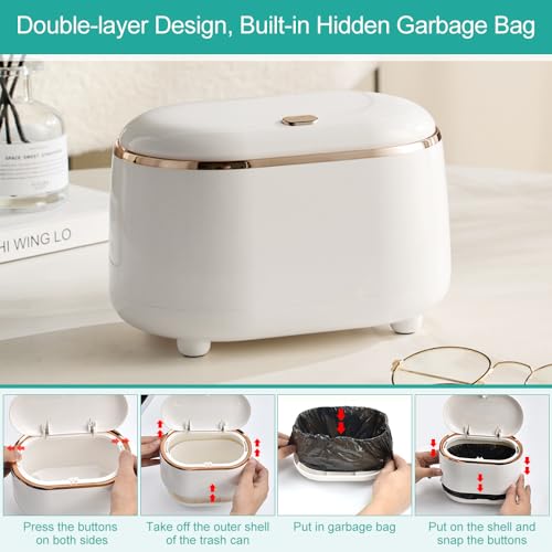 CAREDGO Tischmülleimer Mini, Mülleimer Tischabfalleimer Weiß Klein Mülltonne Tischabfallbehälter Tisch Mülleimer mit Deckel Tischeimer aus ABS Papierkorb für Schreibtisch, Büro,19cm *14cm *12cm