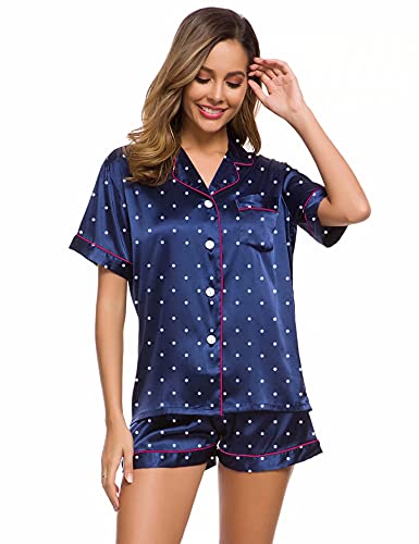 Image of LecGee Womens Silk Satin Pajamas Set Short Sleeve Sleepwear Button Down Nightwear Soft Pj Lounge Sets
