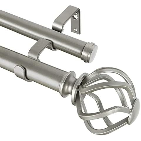 KAMANINA 1 Inch Double Curtain Rods 36 to 72 Inches (3-6 Feet) Window Telescoping Drapery Rod, Antique Sliver Heavy Duty Curtain Rods for Windows, Twisted Cage Finials Cover