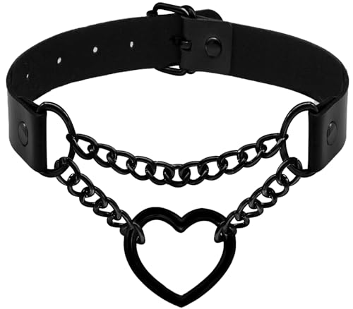 Ronglry Leather Choker Necklace for Women Black Heart Chain Choker Punk Goth Sexy Chokers for Women Adjustable PU Collar Gothic Jewelry Accessories