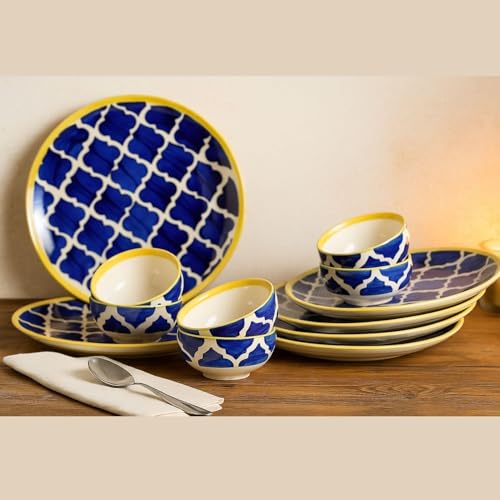 Image of Morrocan /Umrao Ceramic Plates for Dinner with Katoris (12 Pieces, 6 Bowl & 6 Plates, Dishwasher & Microwave Safe) -Dinner Sets -(Blue & Yellow)