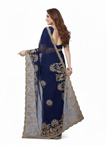Image of M /S Sarvdhya Enterprises Women's Premium Heavy Work Georgette Saree with Unstitched Blouse Piece (Navy Blue)