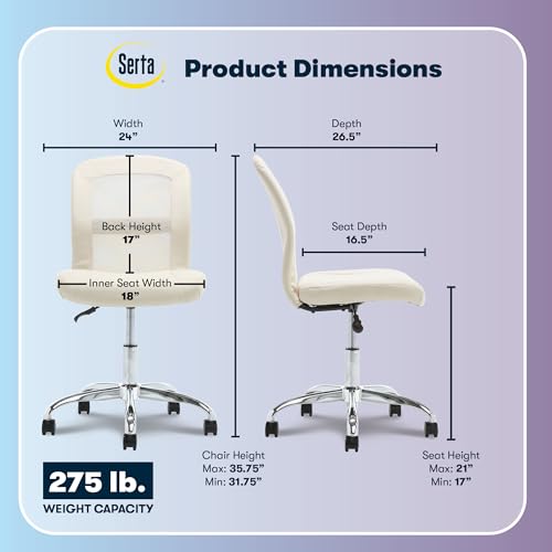 Image of Serta Essential Armless TaskChair, Small Desk Chairs with Wheels, Breathable Mesh Back and Faux Leather, Quality Foam Cushion Seat for Comfort, Minimal Design for Vanity Table, Cream White