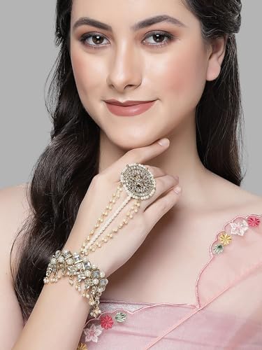 Image of Karatcart Gold Plated Baby Pink Pearl Chain Kundan Hathphool