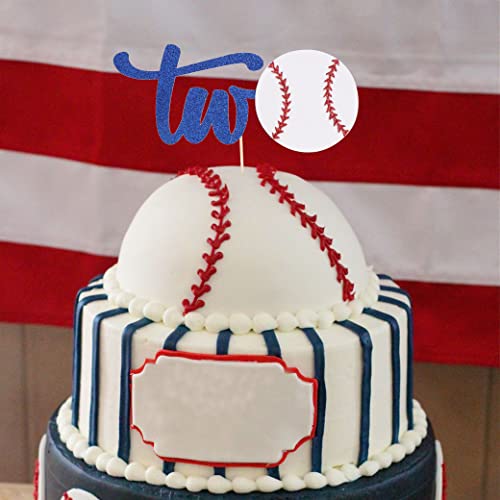 Baseball Two Cake Topper - Blue Glitter Second Birthday Cake Topper, 2Nd Birthday Decorations Boy, Baseball Theme 2Nd Birthday Party Cake Supplies, Birthday Photo Prop #TOP3