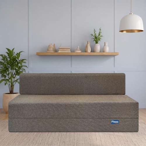Image of Starlon 3 Seater Sofa Cum Bed Foldable 3-in-1 Sofa Bed with 1 Year Warranty, Washable Jute Fabric Cover & 2 Geometrical Pillows | Coffee Brown 6x6 Ft
