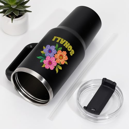 Image of IGP Personalized Large Travel Mug | Same Day Delivery | Matte Black Tumbler with Custom Name & Flowers | Cupholder Friendly | for Him & Her, Office & Gym