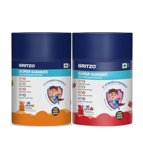 Image of Gritzo Super Gummies, Multivitamin for Kids (Natural Strawberry & Natural Orange Flavours) (30 Gummies each) | Pack of 2