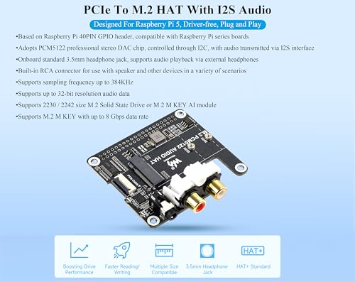 HAT PCIe a M.2 para Raspberry Pi 5 ideal para crear un centro multimedia con audio de 3.5mm 2