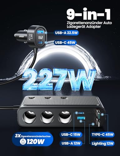 Image of 9 in 1 Cigarette Lighter Splitter, JOYROOM 227W Dual Retractable Car Charger with 45W USB C Fast Charger for iPhone 17, 12V /24V Independent Switches DC Cigarette Outlet Car Charger for All Car Devices