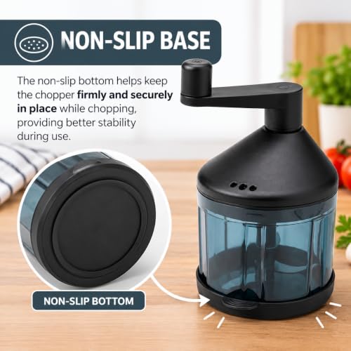 Image of STENSNULTRA Vegetable Chopper, Black Grey-Turquoise /Transparent, Stainless Steel Blade, 19x13 cm, with Non-Slip Bottom, Rotating Handle