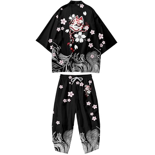 Image of DOSLAVIDA Men's Japanese Kimono Jacket Set Stylish Open Front Coat With Shorts Chinese Style Printed Cardigan Suit