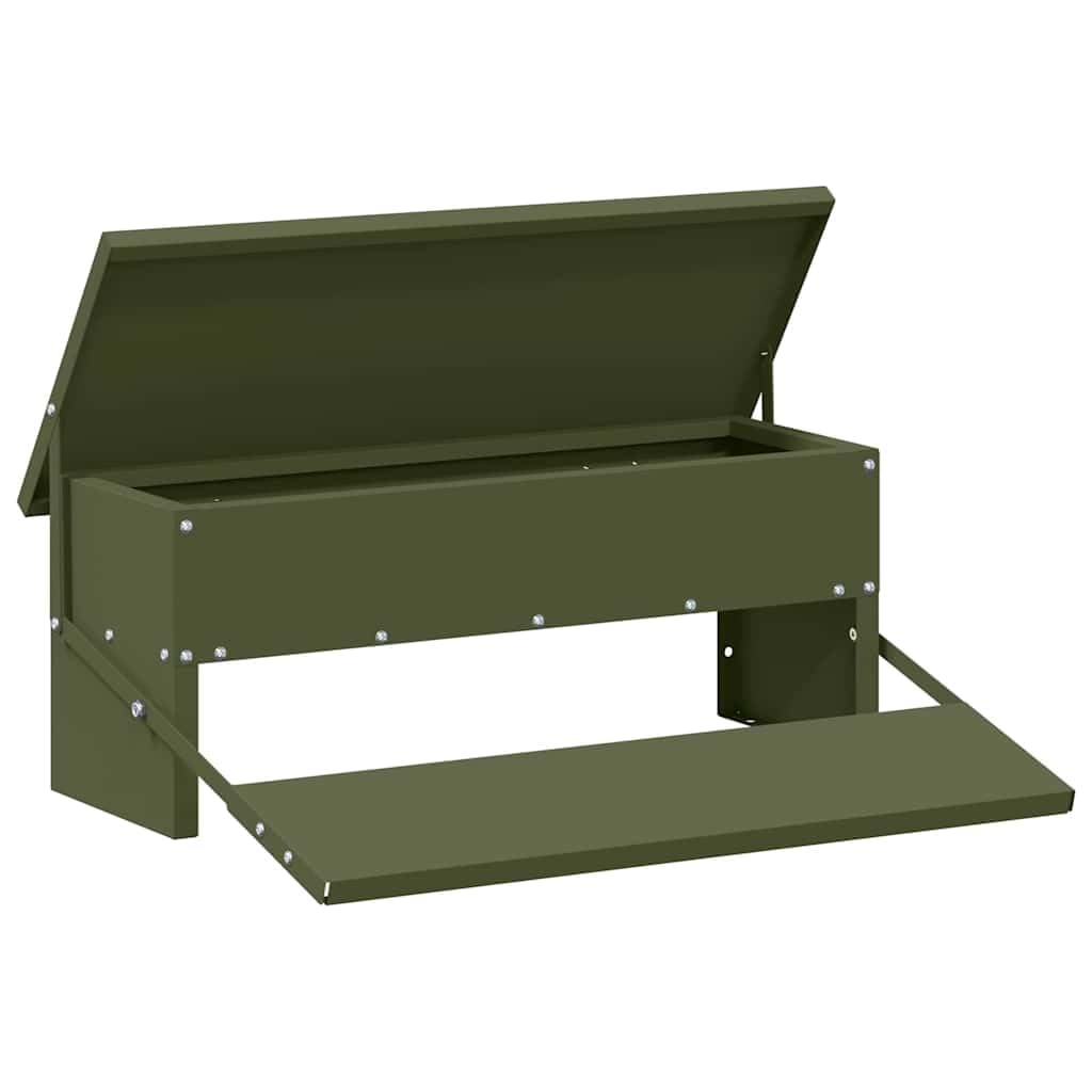 Metalowy karmnik na kurczaki, oliwkowa zieleń, 48,5 x 39,5 x 19 cm, karmnik dla kurczaków ze stali z systemem pedałowym, dozownik żywności do ogrodu lub tarasu, funkcjonalny design
