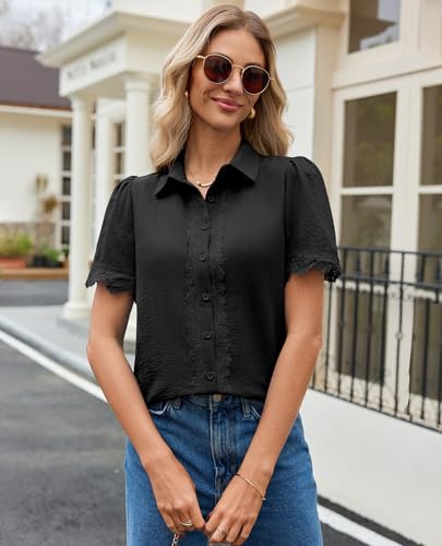 Image of siliteelon Womens Summer Button Down Lace Blouses Lapel Trim Dress Casual Shirts 2026 Fashion Business Short Sleeve Tops