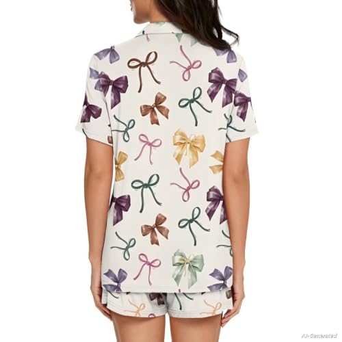 Image of Renewold Button Down Womens Pajama Set Short Sleeve Loungewear Bow Nightwear Sleepwear Night Suit Tops Shorts 2 Pieces