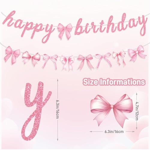 Image of Pink Bow Happy Birthday Banner Garland and Hanging Swirls for Girl Pink Bow Coquette Birthday Party Decorations
