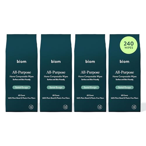 Biom All-Purpose Cleaning Wipes Refill (4pk x 60ct Each) - Biodegradable All Natural Plant-Based Non-Toxic Wipes for Home & Travel - Kid & Pet Friendly (Santal)