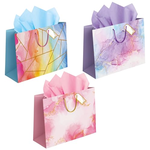 Image of Gift Bags Large size - Paper Bags for Gifting - Return gift bags for kids birthday - Carry Bags with Tissue and Tag - Paper Bags for Gift Packing - - Pack of 5-14 x 10.5 x 4 Inch (Pink Purple Blue)