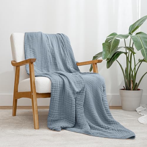 Image of Comfy Cubs Muslin Throw Blanket - 50 inch x 60 inch Quilted Design - Lightweight, Breathable 6-Layer Gauze Fabric - Soft Cotton Blanket for Home or Travel - Packaged in Elegant Gift Box - Pacific Blue