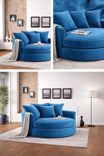 Image of SOFALIZE - Modern Barrel Accent with Pillows Round Sofa Modern Combines Contemporary Design Oversize Arm Chair Cozy Club Chair for Bedroom, Living Room, Lounge, Hotel & Office Hallways Sofa (Blue)