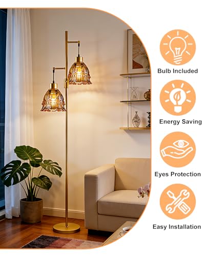 Image of 2-Light Modern Glass Floor Lamp, Gold Tall Standing Lamp with Amber Lace Glass Shade for Reading, Dimmable LED Floor Lamp with 5Lbs Heavy Base for Living Room Bedroom Home Decor, Bulb Included