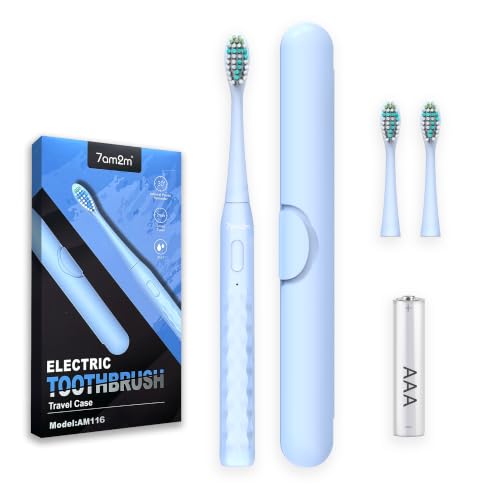 Image of 7AM2M Sonic Travel Electric Toothbrush for Adults & Kids, Travel Case&2 Brush Heads, Battery Powered Sonic Toothbrush, Compact Design for Daily /Travel Use-Blue