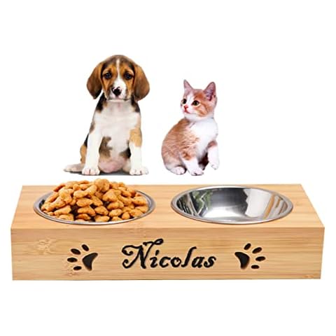 ESTART Personalized Pet Bowls, Laser Engraved Customizable Name and Text in Dog Bowl / Cat Bowl, Pet Feeding Station Suitable for Small and Medium Dogs / Cats (2 bowls) Cover