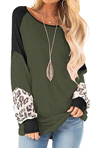 Yanekop Womens Color Block Pullover Leopard Print Sweatshirt Raglan Long Sleeve Loose Tunic Shirts Tops(Army Green,XL)