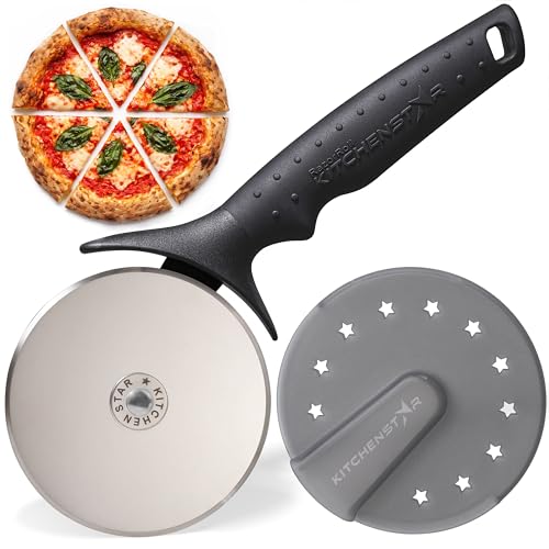 KitchenStar Pizza Cutter Wheel - 304 Stainless Steel Slicer Knife with Super Sharp Blade, Anti-Wobble Axle Mechanism, Ergonomic Non-Slip Handle & Protective Cover, Dishwasher Safe