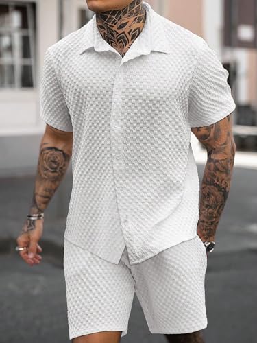 Image of Zilcon Men's 2 Piece Outfit Casual Short Sleeve Button Down Shirt Beach Summer Loose Pant Sets