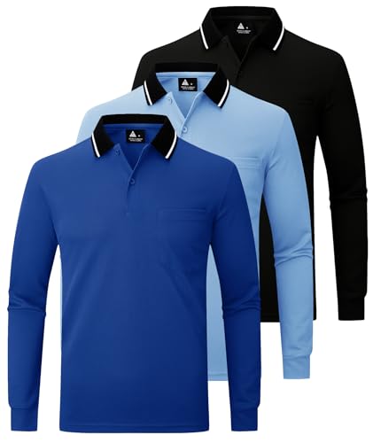 JACKETOWN Lot de 3 Polo pour Homme à Manches Longues Polo de Golf Travail avec Boutons Polos Chemise Respirants Décontractés T Shirts à Poche,Noir Bleu Royal Bleu...