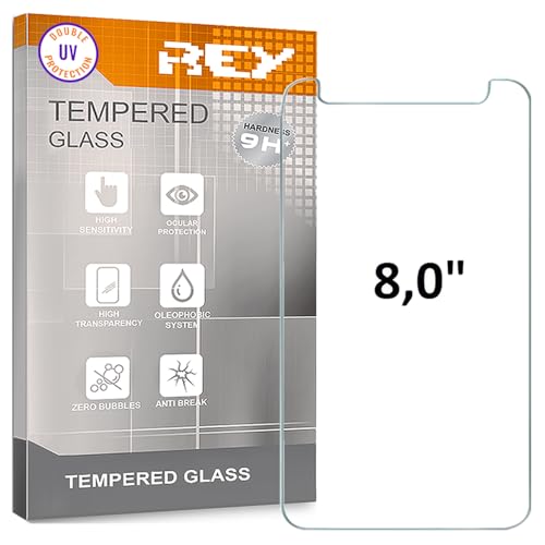 REY Protector de Pantalla para Tablet Universal 8' 20,5 x 12cm, Cristal con Doble Protección UV, Vidrio Templado Premium 9H+ ¡¡¡ Medir Antes de Comprar !!!
