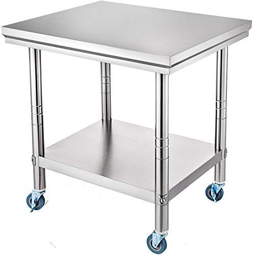 VEVOR Mesa de Trabajo de Acero Inoxidable, Mesas Cocina Acero Inoxidable 760x600x800mm, Mesa de Cocina de Preparación Comida, Mesa de Cocina con 4 Ruedas con Estante de Ajuste Flexible