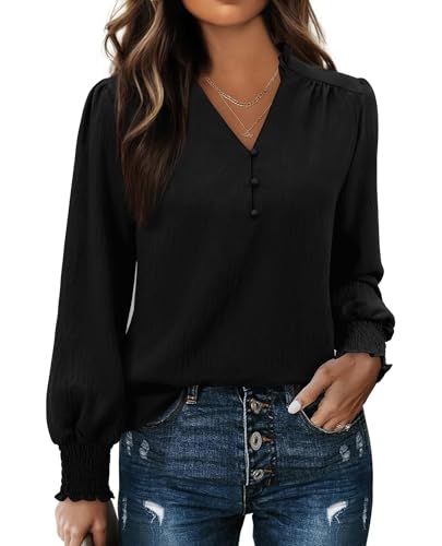 Gleeivy Black Blouses for Women Dressy Casual Long Sleeve Shirts V Neck Tunic Fall Tops Trendy with Smocked Cuffs Business 2026 Outfits Clothes Black M
