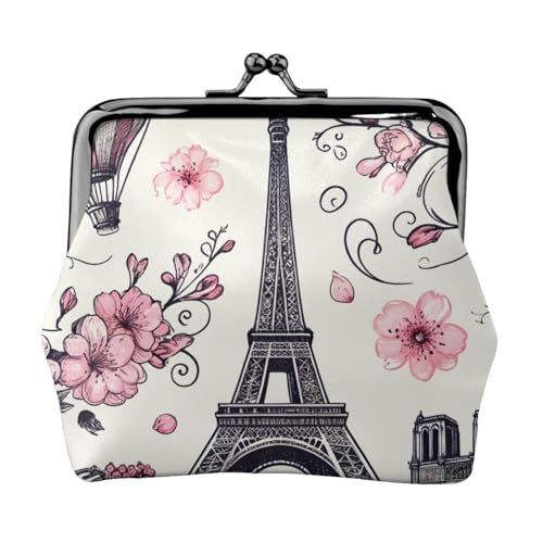 Pu Leather Buckle Coin Purse Paris-Eiffel-Tower-Floral-Bike Girls Kiss-Lock Change Purse Wallets