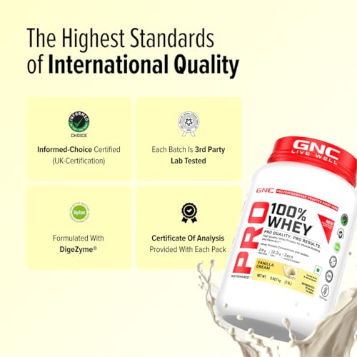 Image of GNC Pro Performance 100% Whey Protein | New Formulation | 24g Protein, 5.7g BCAAs, 12.3g EAAs | Added DigeZyme | Whey Isolate & Concentrate Blend, Low Carb (4.51g), No Added Sugar | Vanilla Cream, 907g