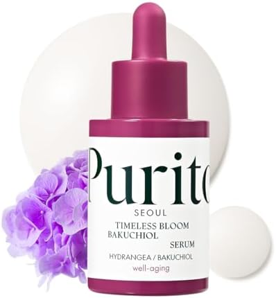 PURITO SEOUL Timeless Bloom Bakuchiol Serum, Korean Jeju Hydrangea, for Sensitive Skin, Ampoule, Fine Line Reduction, Anti Aging Facial Serum for face, K-Beauty, 30ml 1fl.oz