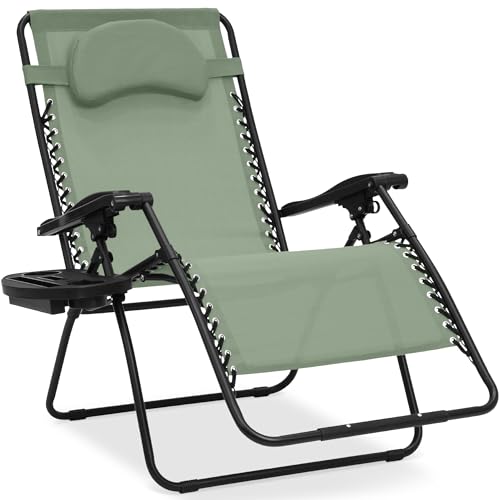 Best Choice Products Oversized Zero Gravity Chair, Folding Outdoor Patio Lounge Recliner w/Cup Holder Accessory Tray, Pillow - Sage Green