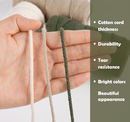 Macrame Cord 3mm x 100m, Thick Macrame Rope Natural Cotton Rope Craft String, 4 Strand Twisted Cotton Cord Yarn for DIY Plant Hanger, Wall Hanging, Christmas Decoration (Green, Beige, Brown)