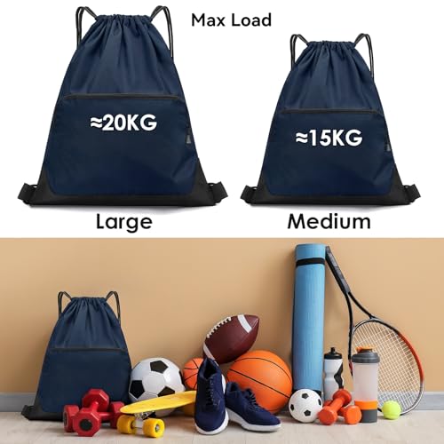 Drawstring Backpack Sports Gym Sackpack for Men Women,Patchwork Color Waterproof Drawstring Bag,Cinch Bag with 2 Zipper Pockets,String Backpack for Beach Basketball Football,Navy blue L4