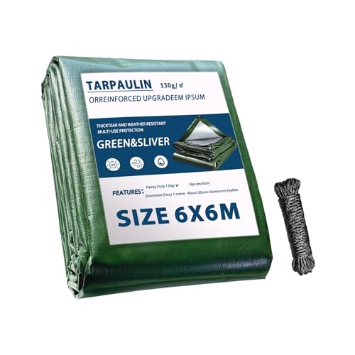 Dellna Waterproof Tarpaulin 6m x 6m-130 GSM, Ground Sheets with Aluminum Eyelets & Rope, Groundsheet Weatherproof & UV Protection for Camping, Outdoor Furniture, Pool, Car