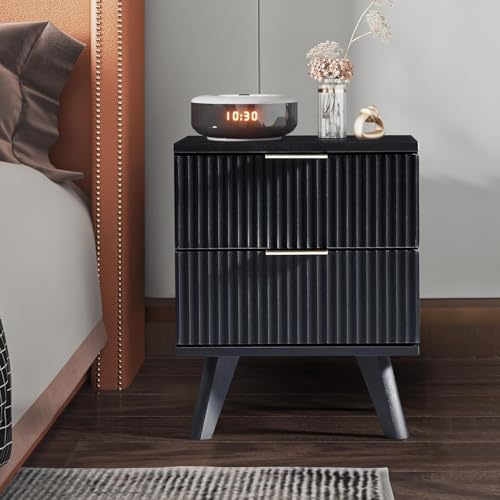 GuannCraft Mesita de noche de madera maciza con 2 cajones, mesita de noche para dormitorio, armario de almacenamiento moderno con fácil montaje (negro)