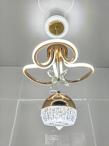 Image of swanart Elegant Gold and Crystal LED Ceiling Light, Adjustable Height Modern Chandelier with Crystal Globe Pendant, Ideal for Living Rooms, Dining Areas, and Bedrooms - 3-Color Change