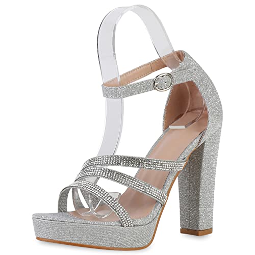 VAN HILL Damen High Heels Sandaletten Blockabsatz Schuhe Party Strass...