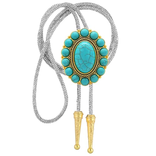 Image of GelConnie Bolo Tie for Men Women Western Cowboy Turquoise Leather Necktie | Natural Stone Bolo Tie Necklace for Women Rodeo Cowboy Leather Necktie Native American Western Cowgirl Ties Adjustable Cord