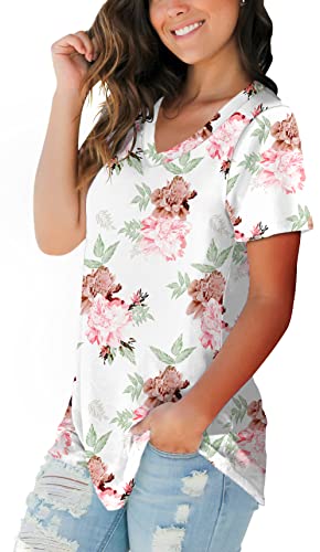 Summer Tops For Womens 2023 V Neck Summer Tee Tops Women White Floral M #TOP1